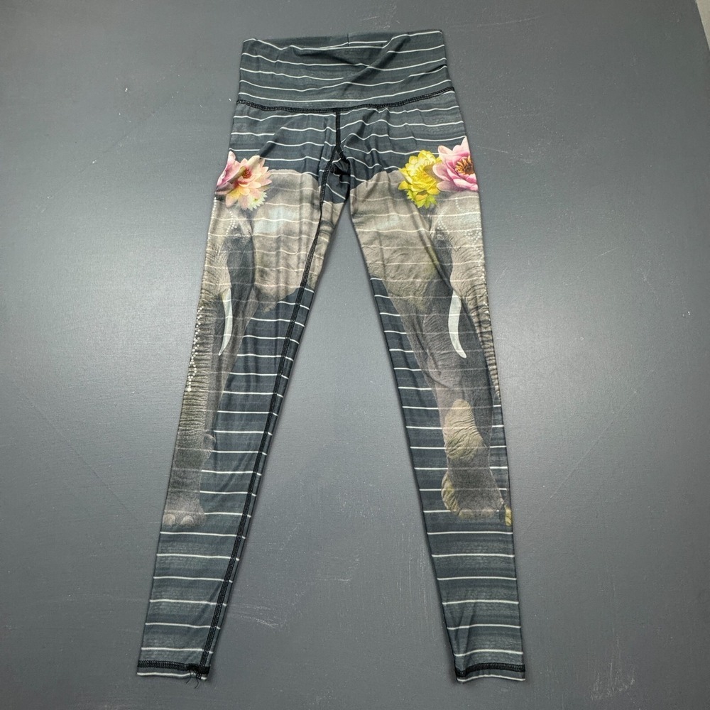 Teeki Womens S Gray High Waist Yoga Leggings Striped Elephant Print Stretch Wear